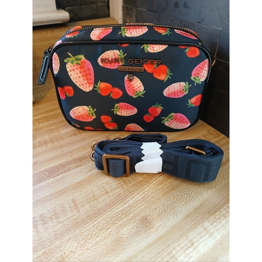 Kurt Geiger- 🦅 NWOT! Navy Crossbody Bag with Pink & Red Strawberry Print - Picture 3 of 8